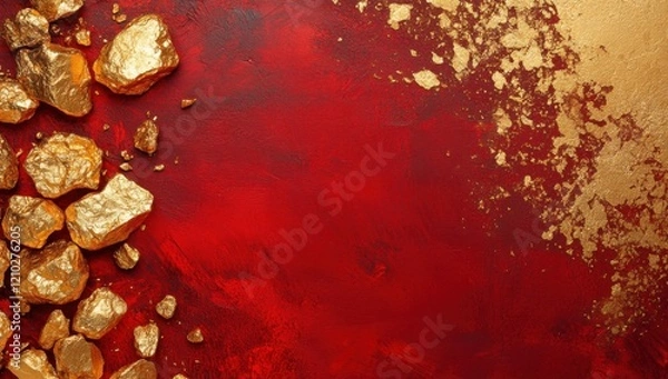 Fototapeta Golden Nuggets on Red Background: Luxury, Wealth, and Opulence