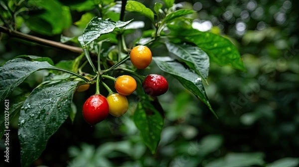 Fototapeta A close-up of ripe chili peppers on a branch with colorful fruits contrasting against lush green foliage.