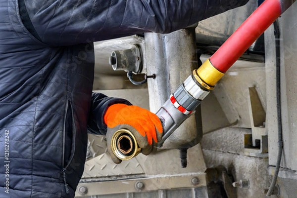 Obraz Winter is a busy season for the Heating Oil Delivery Business.  Driver with his salt covered truck brings oil to our home in Windsor in Upstate NY.