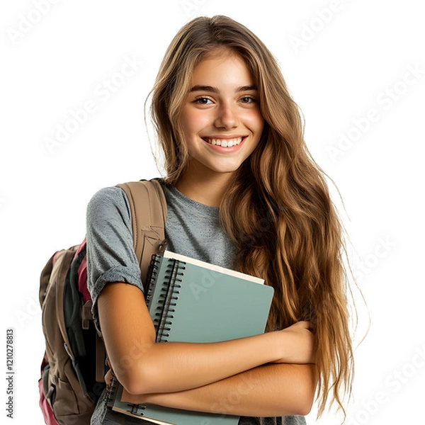 Fototapeta Smiling student with backpack and holding books on a transparent background. Cutout