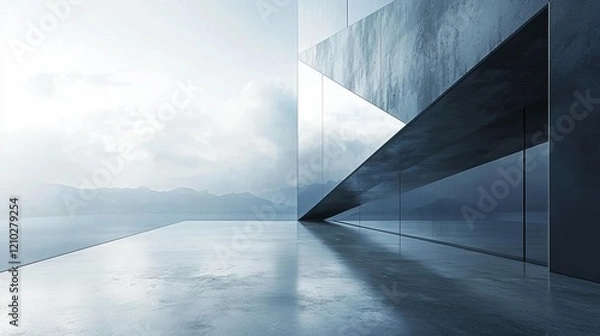 Obraz 3d render of abstract futuristic glass architecture with empty concrete floor. , isolated on white background,  , copy space for text,