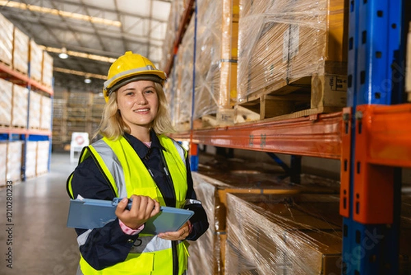 Obraz caucasian women worker. professional warehouse worker. stock inventory staff working in logistic