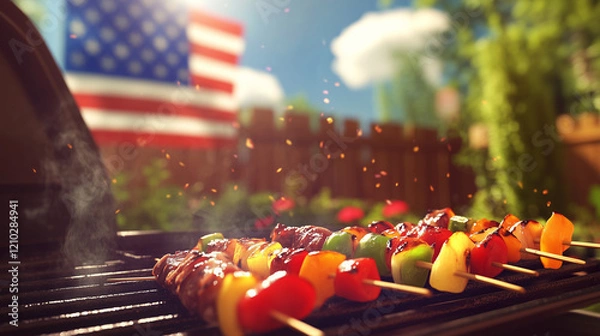 Fototapeta Colorful BBQ Skewers Grilling Over an Open Flame with the American Flag in the Background, Perfect for Independence Day Celebrations