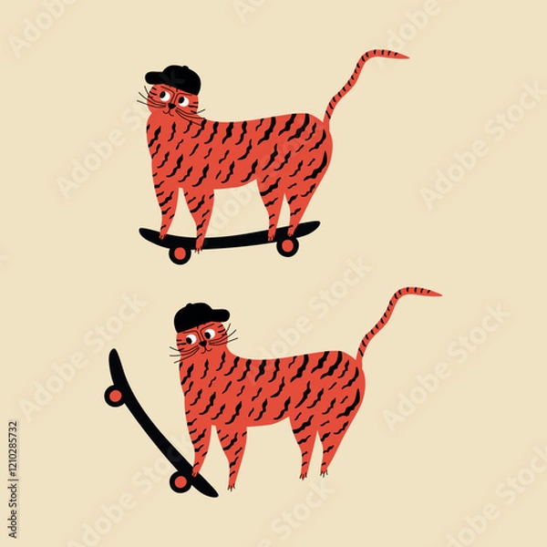 Obraz Cute red tigers and skateboard hand drawn vector illustration. Isolated funny cat in flat style for kids logo or poster.