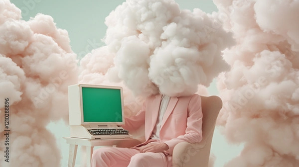 Fototapeta man in a pastel pink suit sitting in a chair with his head enveloped in fluffy white clouds. Next to him is a vintage computer with a green screen