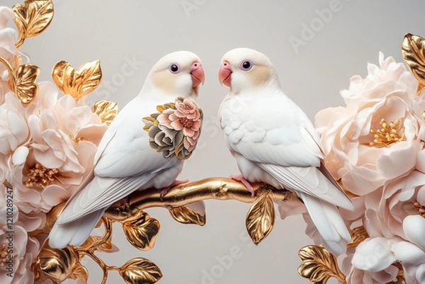 Fototapeta Two decorative birds perched on a branch adorned with flowers and golden leaves against a pink background. perfect for love and spring cards