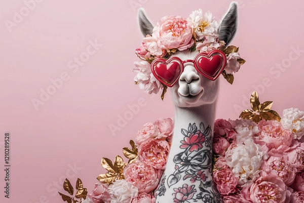 Fototapeta portrait of a llama adorned with floral tattoos, wearing heart-shaped sunglasses and surrounded by peonies and golden leaves, against a soft pink background
