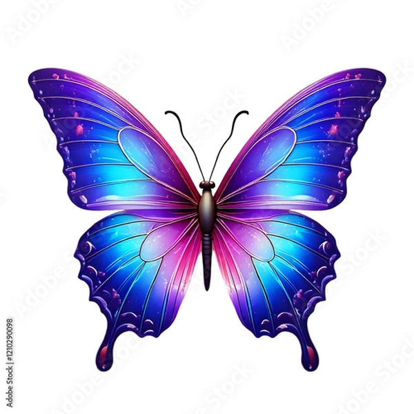 Obraz Vibrant iridescent butterfly with blue and purple wings isolated on a black background. Perfect for design, decoration, or fantasy-themed projects.