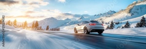 Obraz Sleek white car swiftly travels snowy mountain roads.