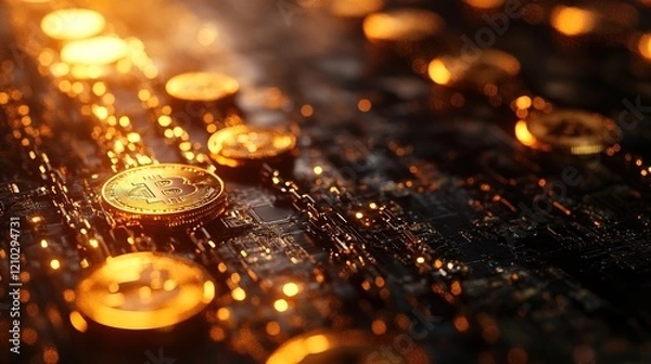 Fototapeta Digital concept of tokenized assets on a blockchain, abstract visuals with coins and chains 
