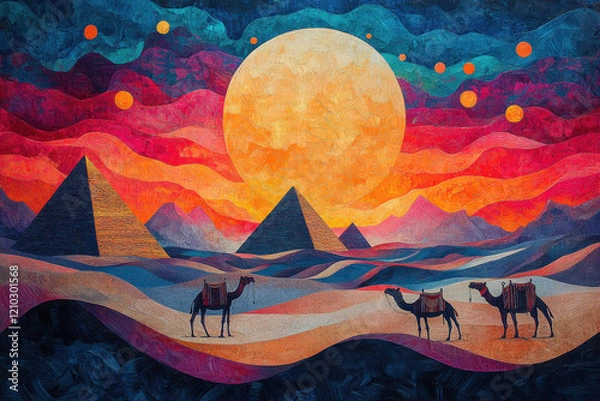 Fototapeta Dreamlike desert scene with interwoven layers of pyramids, camels, and hieroglyphic patterns, creating a surreal and colorful depiction of ancient Egypt’s mystical essence