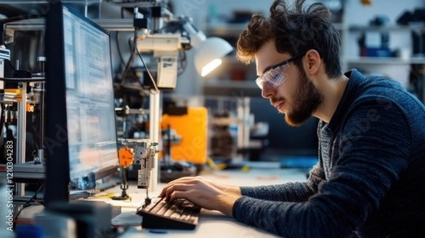 Fototapeta Robotics engineer wearing safety glasses programming an automated machine on a computer in a modern factory, developing innovative technology solutions