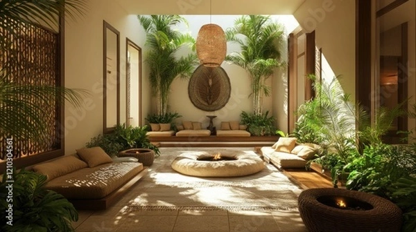 Fototapeta A bright indoor space with cozy seating, earthy-toned cushions, and lush greenery, emphasizing a wellness-focused design.