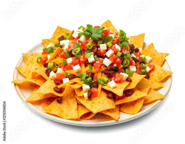 Fototapeta Nachos with Assorted Toppings on White Plate
