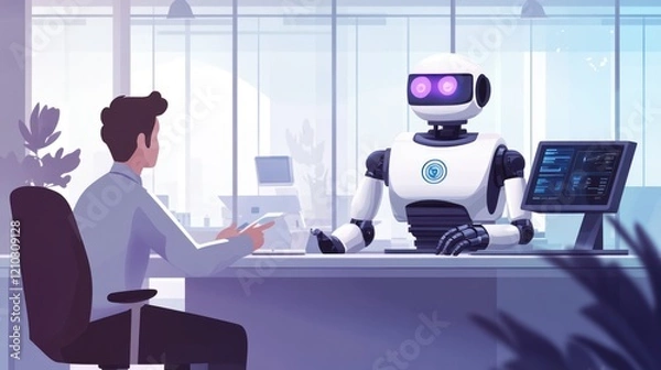 Fototapeta Robot Interacting with Office Workers in a Professional Setting