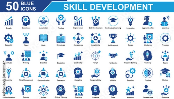 Obraz Skill Development Icon Set Collection. Containing Growth, Skill Development, Innovation, Target, Training, Team Work, Problem Solving. Simple Blue Vector Illustration.