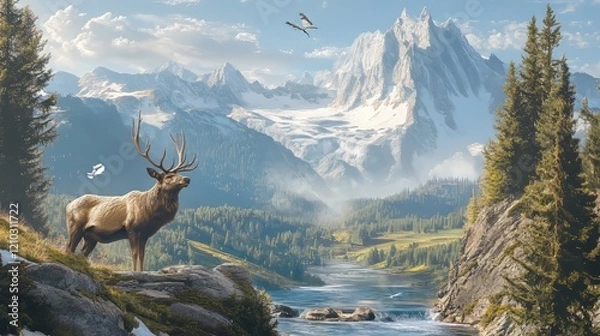 Fototapeta a stunning mountain landscape captured in this digital art piece, with elements of frostpunk and wildlife photography