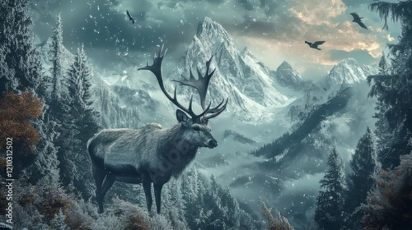 Fototapeta a stunning mountain landscape captured in this digital art piece, with elements of frostpunk and wildlife photography