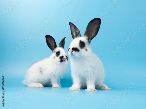 Fototapeta Two baby white and black dot rabbit sitting  on blue background. Lovely action of rabbit.