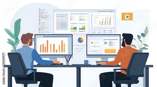 Fototapeta 66. A team of marketers analyzing video metrics and engagement data on computer screens in an office
