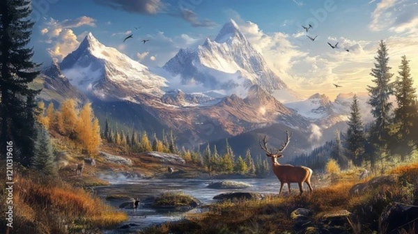 Fototapeta a stunning mountain landscape captured in this digital art piece, with elements of frostpunk and wildlife photography