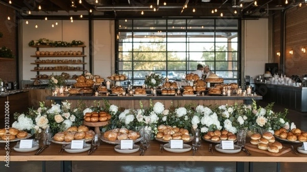 Fototapeta Elegant Bakery Display with Fresh Breads and Floral Arrangements