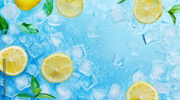 Fototapeta Refreshing lemon slices and ice cubes on a blue background