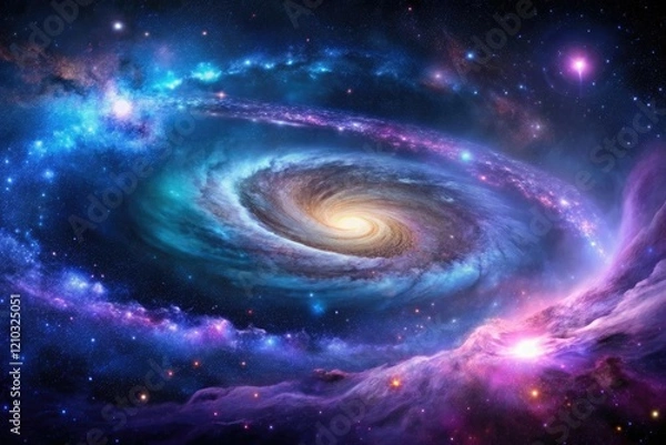Fototapeta Celestial landscape with swirling purple and blue nebulas set against a backdrop of dark space, galaxy background, nebulas, astrophysics, astronomy