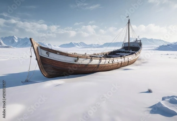 Obraz Ancient merchant vessel half-buried in snow on a deserted white sandy shoreline , wreck, hull, weathered