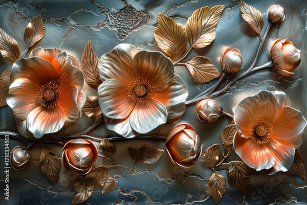 Fototapeta This March card showcases a stunning design with metallic flowers and leaves crafted in reflective materials. The intricate details capture a vibrant yet sophisticated atmosphere.