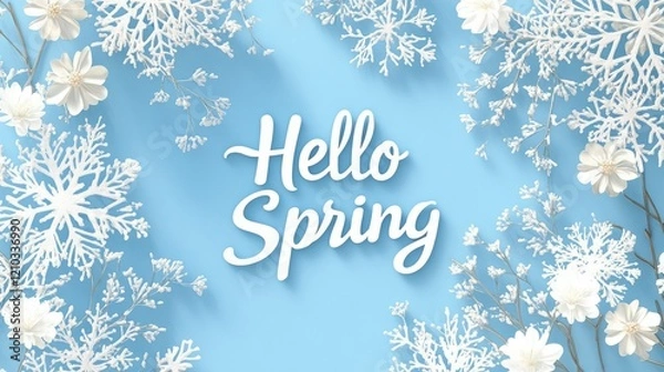 Fototapeta Elegant floral greeting card with "Hello Spring" text and delicate snowflake flowers on a pastel blue background.