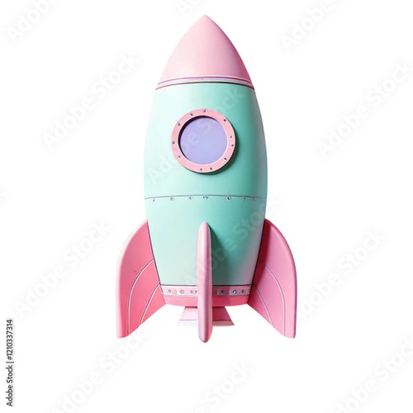 Obraz Cute pastel pink and mint green rocket ship illustration, isolated on black background, perfect for children's books, websites, or app design.