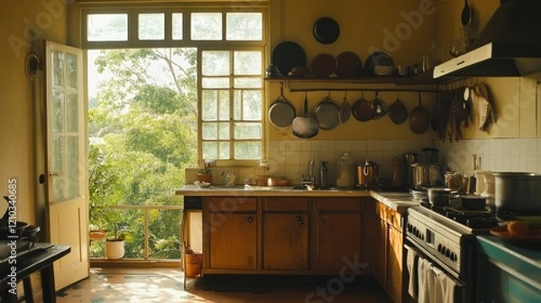 Obraz Wide Shot of an Empty Cosy Kitchen Decorated with Indian Style. Stylish Traditional South Asian Home with Utensils and Wide Window Letting the Spring Warmth and Light in. Vintage Warm Aesthetic