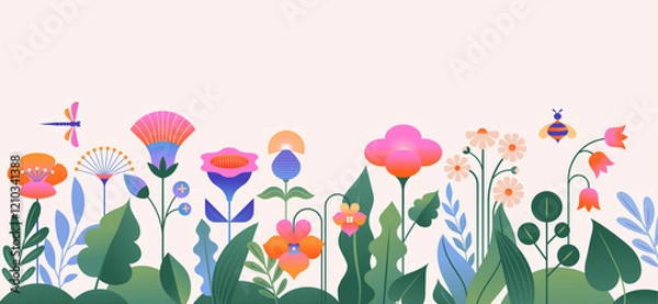 Fototapeta Background and banner decorated with pastel colors blooming flowers and leaves. Spring, Easter, Summer theme with dragonfly, butterfly and bee. Flat folk geometric style.