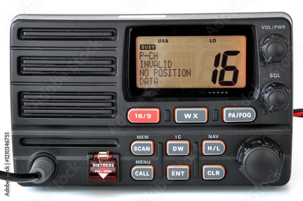 Obraz Close-up front panel of VHF Radio communication device showing distress signal and channel information