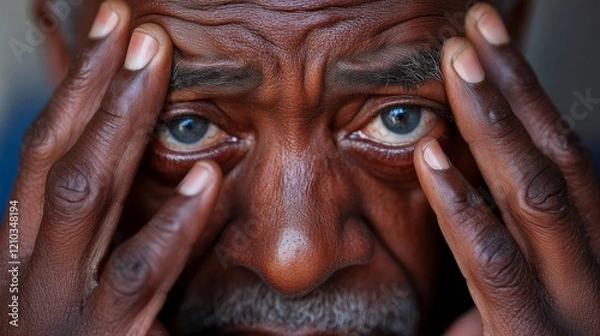 Fototapeta Man suffer from eye pain and rub his tired eyes with hand. Conjunctivitis and other ophthalmology diseases symptoms. Vector illustration.