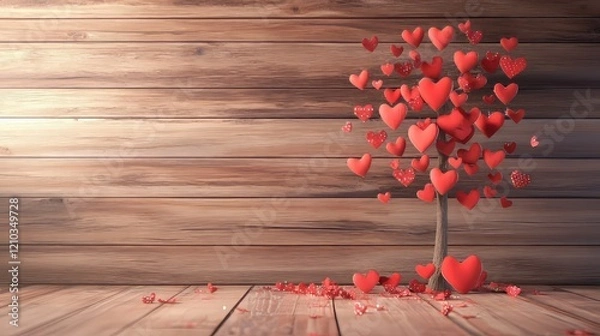 Fototapeta zoom in valentine tree with wooden wallpaper simple, with copy space for text