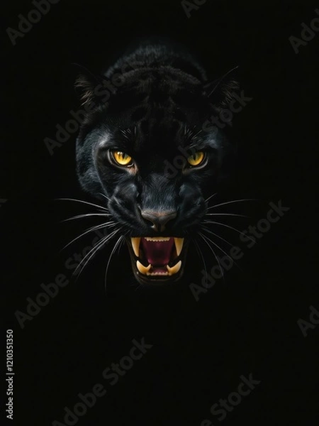 Fototapeta Black panther with piercing yellow eyes and sharp fangs, standing alone and roaring in the dark, black, angry