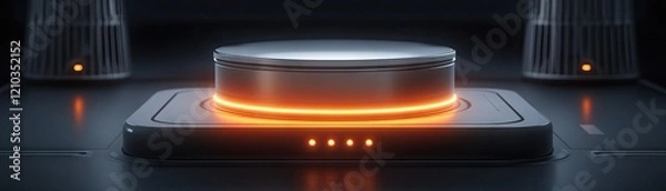 Obraz Futuristic control button glows orange, dark background. Website, app UI