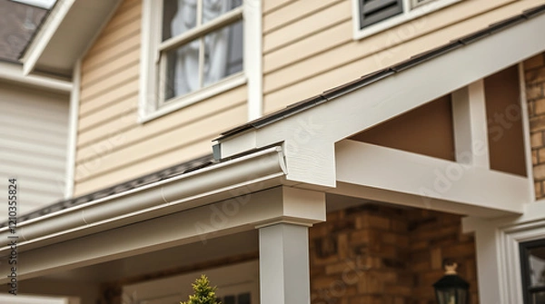Fototapeta Elegant Home Exterior: Architectural Details and Design. High-quality construction, beautiful siding, and a charming porch create curb appeal and add value to this stunning house.