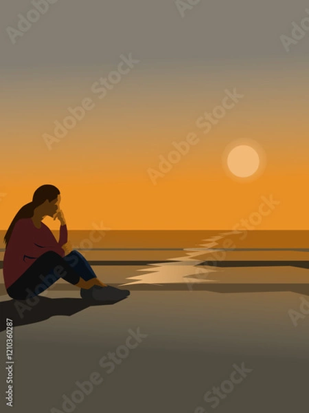 Obraz A woman sits on a sandy beach by the sea watching the sunset.