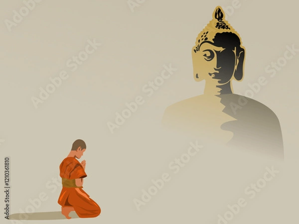 Obraz Buddhist monks kneel and worship Buddha statues.gray background