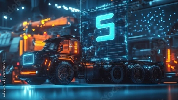Fototapeta Futuristic self driving truck transporting holographic cargo marked with the number 5, navigating a neon lit cityscape and highlighting advanced autonomous delivery technology