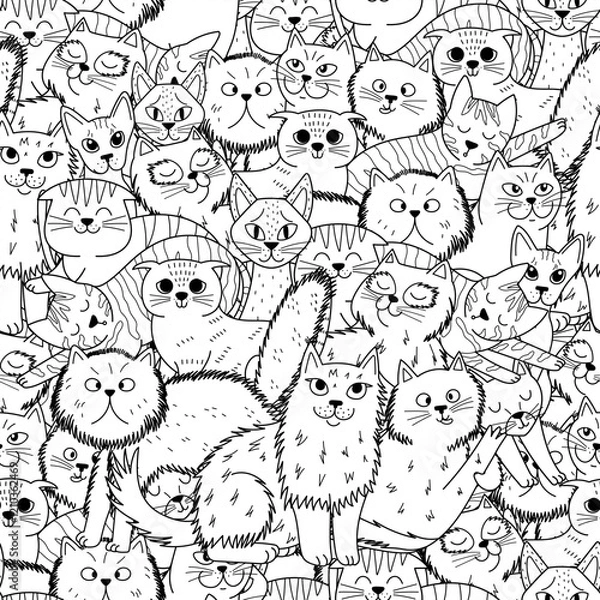 Fototapeta Adorable seamless pattern with different cats breed - maine coon, scottish fold, sphinx, bengal cat and others. Funny feline characters for coloring book. Outline background. Vector illustration