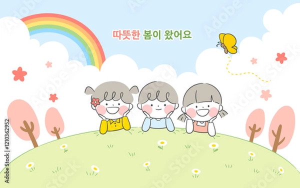Obraz 봄날 언덕 위에 엎드려 즐거운 시간을 보내는 아이들의 일러스트