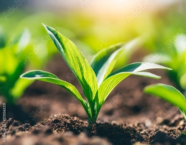 Fototapeta Vibrant Green Plants Growing in Sunlit Soil, Symbolizing Nature's Renewal and Growth