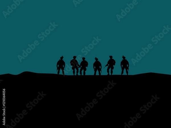 Obraz soldiers silhouette on mountain with blue background
