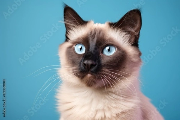 Obraz Portrait of a cute balinese cat while standing against solid pastel color wall