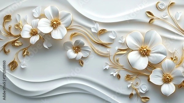 Fototapeta 3D wallpaper with a white and gold floral background