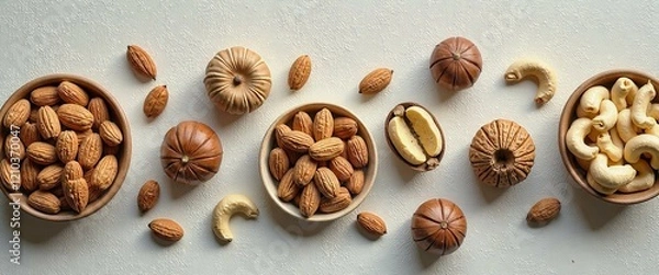 Fototapeta A row of bowls with nuts and seeds on a white background. The bowls are arranged in a line, with some bowls containing cashews and others containing almonds